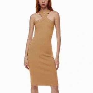 Aritzia - Sculpt Knit Criss Cross Midi Dress - Size Large - Carmel
